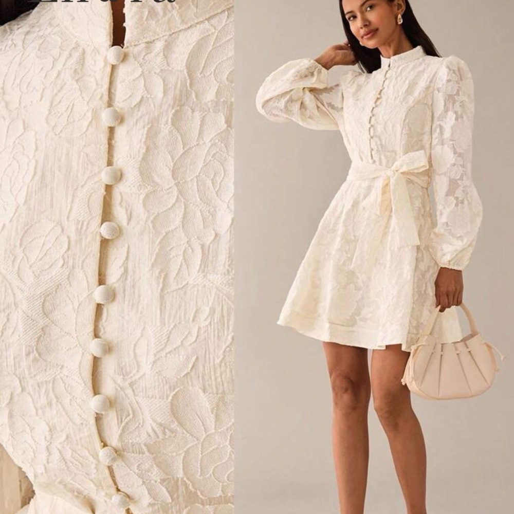 SHEIN Ivory Lace Long Sleeve Mini Dress with Tie Waist